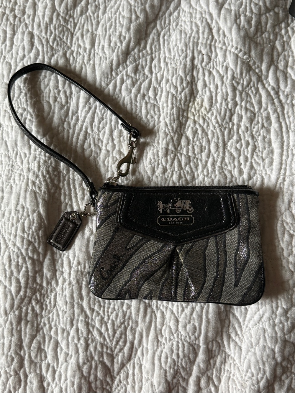 Coach Metallic Zebra Wristlet in Black and Silver